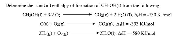 Determine the standard enthalpy of formation of CHsOH() from the following:
CH3OH(I) + 3/2 02
CO2(g) + 2 H20 (I), Δ,Η =-730 KJ/mol
C(s) O2(gCO2g) AcH-393 KJ/mol
2H2(g) + 02(g)2
2H201), AH 580 KJ/mol
