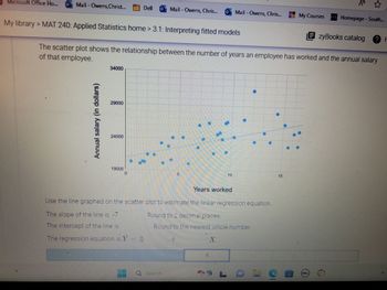 The scatter plot displays the relationship between the number of years an employee has worked and their annual salary. The x-axis represents the "Years worked," and the y-axis represents the "Annual salary (in dollars)." A trend line is drawn through the data points, indicating a possible linear relationship.

Below the graph, there are instructions:

- Use the line on the scatter plot to estimate the linear regression equation.
- The slope of the line is provided as -7, which needs to be rounded to two decimal places.
- The y-intercept of the line requires rounding to the nearest whole number.
- The regression equation to be found is \(\hat{Y} = 0 + X\).

The graph demonstrates how salary potentially changes over years of employment, suggesting an analysis of trends in workforce compensation based on experience.