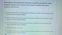 Forest policy in the United States historically managed to prevent fires. Likely
ecological response to the success of this program in greatly reducing fire
frequency and sizes are:
O Increased biodiversity, increased amounts of detritus, and shift in the community to more
species with lower dispersal abilities.
O Increased biodiversity, reduced amounts of detritus, and shift in the community to more
species with lower dispersal abilities.
O Decreased biodiversity, large amounts of detritus, and shift in the community to more
species with better dispersal abilities.
O None of the others are correct.
Decreased biodiversity, increased amounts of detritus, and shift in the community to more
species with lower dispersal abilities.
