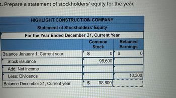 2. Prepare a statement of stockholders' equity for the year.
HIGHLIGHT CONSTRUCTION COMPANY
Statement of Stockholders' Equity
For the Year Ended December 31, Current Year
Common
Retained
Stock
Earnings
Balance January 1, Current year
$
0 $
0
Stock issuance
98,600
Add: Net income
Less: Dividends
10,300
Balance December 31, Current year
$
98,600