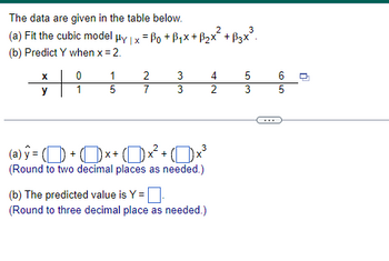 The data are given in the table below.
3
(a) Fit the cubic model μy | x = Bo+B₁x+B2x² + ẞ3×³.
(b) Predict Y when x = 2.
x
0
1
2
3
4
5
6
y
1
5
7
3
2
3
5
(a) ŷ = () + x + (1) x² + (1) ×³
(Round to two decimal places as needed.)
(b) The predicted value is Y =
(Round to three decimal place as needed.)
n