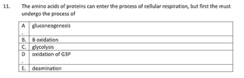 11.
The amino acids of proteins can enter the process of cellular respiration, but first the must
undergo the process of
A gluconeogenesis
B.
B oxidation
C. glycolysis
D oxidation of G3P
E. deamination