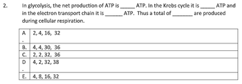 2.
In glycolysis, the net production of ATP is
in the electron transport chain it is
during cellular respiration.
A 2, 4, 16, 32
B.
4, 4, 30, 36
C.
2, 2, 32, 36
D
4, 2, 32, 38
E. 4, 8, 16, 32
ATP. In the Krebs cycle it is ATP and
are produced
ATP. Thus a total of