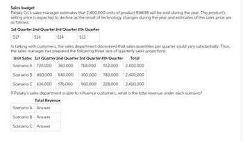 Sales budget
Pataky Co.'s sales manager estimates that 2,400,000 units of product RI# 698 will be sold during the year. The product's
selling price is expected to decline as the result of technology changes during the year and estimates of the sales price are
as follows:
1st Quarter 2nd Quarter 3rd Quarter 4th Quarter
$17
$16
$14
$12
In talking with customers, the sales department discovered that sales quantities per quarter could vary substantially. Thus,
the sales manager has prepared the following three sets of quarterly sales projections:
Unit Sales 1st Quarter 2nd Quarter 3rd Quarter 4th Quarter Total
Scenario A 720,000 360,000 768,000 552,000
2,400,000
Scenario B 480,000 840,000
300,000
780,000
2,400,000
Scenario C 636,000 576,000 960,000 228,000 2,400,000
If Pataky's sales department is able to influence customers, what is the total revenue under each scenario?
Total Revenue
Scenario A Answer
Answer
Scenario C Answer
Scenario B