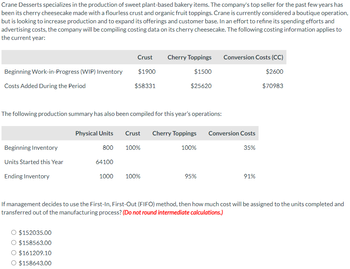 Crane Desserts specializes in the production of sweet plant-based bakery items. The company's top seller for the past few years has
been its cherry cheesecake made with a flourless crust and organic fruit toppings. Crane is currently considered a boutique operation,
but is looking to increase production and to expand its offerings and customer base. In an effort to refine its spending efforts and
advertising costs, the company will be compiling costing data on its cherry cheesecake. The following costing information applies to
the current year:
Beginning Work-in-Progress (WIP) Inventory
Costs Added During the Period
Beginning Inventory
Units Started this Year
Ending Inventory
The following production summary has also been compiled for this year's operations:
Physical Units
O $152035.00
$158563.00
O $161209.10
$158643.00
800
Crust
$1900
$58331
64100
Cherry Toppings
$1500
$25620
Crust Cherry Toppings
100%
1000 100%
100%
95%
Conversion Costs (CC)
$2600
$70983
Conversion Costs
35%
91%
If management decides to use the First-In, First-Out (FIFO) method, then how much cost will be assigned to the units completed and
transferred out of the manufacturing process? (Do not round intermediate calculations.)