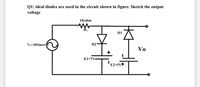 Q1: ideal diodes are used in the circuit shown in figure. Sketch the output
voltage
1Kohm
D3
V=10Sinwt
D2
Vo
E1=7V
E2=5V+
