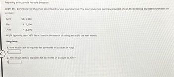 Preparing an Accounts Payable Schedule
Wight Inc. purchases raw materials on account for use in production. The direct materials purchases budget shows the following expected purchases on
account:
April
May
June
$374,300
410,600
415,600
Wight typically pays 35% on account in the month of billing and 65% the next month.
Required:
1. How much cash is required for payments on account in May?
2. How much cash is expected for payments on account in June?