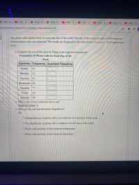 B Hints x
D (135) X
O Hints x
O Hints x
D (135) x
(135) x
D (135)
D (135) X
D (135) X
ent/showtest.php?action=skip&to=10&reattempt3D10
* ES
Are phone calls equally likely to occur any day of the week? The day of the week for each of 399 randomly
selected phone calls was observed. The results are displayed in the table below. Use an a = 0.10 significance
level.
a. Complete the rest of the table by filling in the expected frequencies:
Frequencies of Phone Calls for Each Day of the
Week
Outcome Frequency Expected Frequency
Sunday
56
Monday
52
Tuesday
63
Wednesday 46
Thursday
71
Friday
62
Saturday
49
b. What is the correct statistical test to use?
Select an answer v
c. What are the null and alternative hypotheses?
Но:
O The distribution of phone calls is not uniform over the days of the week.
O The distribution of phone calls is uniform over the days of the week.
O Phone calls and days of the week are independent.
O Phone calls and days of the week are dependent.
