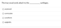 The true vocal cords attach to the
cartilages.
arytenoid
corniculate
cuneiform
O epiglottis
