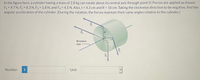 In the figure here, a cylinder having a mass of 2.8 kg can rotate about its central axis through point O. Forces are applied as shown:
F1 = 9.7 N, F2 = 8.3 N, F3 = 1.8 N, and F4 = 4.5 N. Also, r = 4.3 cm and R = 10 cm. Taking the clockwise direction to be negative, find the
angular acceleration of the cylinder. (During the rotation, the forces maintain their same angles relative to the cylinder.)
Fi
R
Rotation
axis
F2
Number
i
Unit
