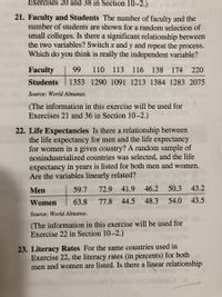 Exercises 20 and 38 in Section 10-2.)
21. Faculty and Students The number of faculty and the
number of students are shown for a random selection of
small colleges. Is there a significant relationship between
the two variables? Switch x and y and repeat the process.
Which do you think is really the independent variable?
Faculty
99
110 113 116 138 174 220
Students
1353 1290 1091 1213 1384 1283 2075
Source: World Almanac.
(The information in this exercise will be used for
Exercises 21 and 36 in Section 10–2.)
22. Life Expectancies Is there a relationship between
the life expectancy for men and the life expectancy
for women in a given country? A random sample of
nonindustrialized countries was selected, and the life
expectancy in years is listed for both men and women.
Are the variables linearly related?
Men
59.7
72.9 41.9
46.2
50.3
43.2
Women
63.8
77.8
44.5
48.3
54.0
43.5
Source: World Almanac.
(The information in this exercise will be used for
Exercise 22 in Section 10-2.)
23. Literacy Rates For the same countries used in
Exercise 22, the literacy rates (in percents) for both
men and women are listed. Is there a linear relationship
