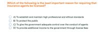 Which of the following is the least important reason for requiring that
insurance agents be licensed?
A) To establish and maintain high professional and ethical standards
B) To protect the public
C) To give the government adequate control over the conduct of agents
D) To provide additional income to the government through license fees
