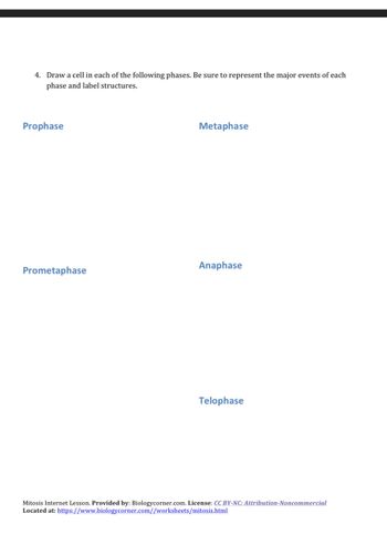 4. Draw a cell in each of the following phases. Be sure to represent the major events of each
phase and label structures.
Prophase
Prometaphase
Metaphase
Anaphase
Telophase
Mitosis Internet Lesson. Provided by: Biologycorner.com. License: CC BY-NC: Attribution-Noncommercial
Located at: https://www.biologycorner.com//worksheets/mitosis.html