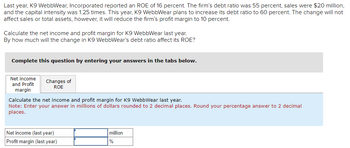 Last year, K9 WebbWear, Incorporated reported an ROE of 16 percent. The firm's debt ratio was 55 percent, sales were $20 million,
and the capital intensity was 1.25 times. This year, K9 WebbWear plans to increase its debt ratio to 60 percent. The change will not
affect sales or total assets, however, it will reduce the firm's profit margin to 10 percent.
Calculate the net income and profit margin for K9 WebbWear last year.
By how much will the change in K9 WebbWear's debt ratio affect its ROE?
Complete this question by entering your answers in the tabs below.
Net income
and Profit
margin
Changes of
ROE
Calculate the net income and profit margin for K9 WebbWear last year.
Note: Enter your answer in millions of dollars rounded to 2 decimal places. Round your percentage answer to 2 decimal
places.
Net income (last year)
Profit margin (last year)
million
%