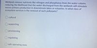 Wetlands remove nutrients like nitrogen and phosphorus from the water column,
reducing the likelihood that the water discharged from the wetlands will stimulate
excess primary production in downstream lakes or estuaries. In what class of
ecosystem services is the removal of such pollutants?
O cultural
supporting
O provisioning
O regulating
O safe operating zone
