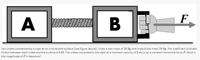 F
A
Two crates connected by a rope lie on a horizontal surface (see figure above). Crate A has mass of 10 kg and crate B has mass 18 kg. The coefficient of kinetic
friction between each crate and the surface is 0.87. The crates are pulled to the right at a constant velocity of 2 m/s by a constant horizontal force F. What is
the magnitude of Fin Newtons?
