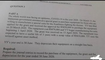 QUESTION 3
FINANCIAL ACCOUNTING & REPORTING I
16 OCTOBER 2020
PART A
The whole world was facing an epidemic, COVID-19 in the year 2020. On March 15, the
Malaysian government announced a special grant to purchase equipment for those who are
willing to manufacture a special suits for the frontliners fighting the disease. YY Sdn Bhd
applied for the grant and received the approval for RM30,000 to purchase the equipment
on 20 March 2020. The equipment cost RM70,000 and YY began manufacturing the suits
beginning 1 April 2020. The grant was received on 15 April 2020. The equipment was
expected to have a useful life of 3 years with a scrap value of RM10,000. YY uses the
writeoff against asset method.
YY's year end is 30 June. They depreciate their equipment on a straight line basis.
Required:
Prepare the journal entries to record the purchase of the equipment, the grant and the
depreciation for the year ended 30 June 2020.