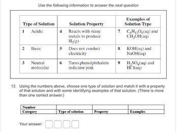 Type of Solution
1
Acidic
2
3
Use the following information to answer the next question
Basic
Neutral
molecular
Number
Category
Solution Property
Reacts with many
metals to produce
H₂(g)
5 Does not conduct
electricity
Your answer:
4
6
Turns phenolphthalein
indicator pink
Type of solution
DOC
Property
7 C6H12O6(aq) and
CH3OH(aq)
8
13. Using the numbers above, choose one type of solution and match it with a property
of that solution and with some identifying examples of that solution. (There is more
than one correct answer.)
Examples of
Solution Type
9
KOH(aq) and
NaOH(aq)
H₂SO4(aq) and
HCl(aq)
Examples