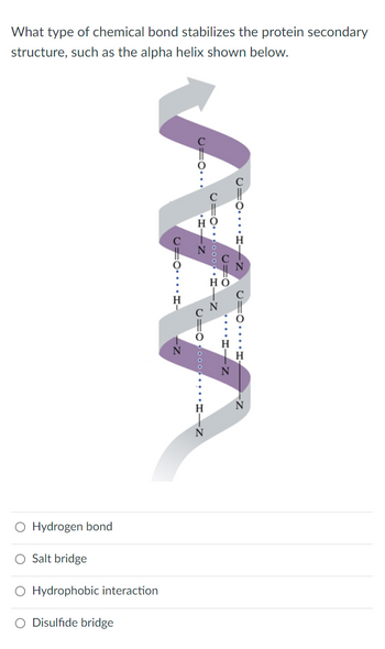 What type of chemical bond stabilizes the protein secondary
structure, such as the alpha helix shown below.
O Hydrogen bond
O Salt bridge
O Hydrophobic interaction
O Disulfide bridge
U=O....H
-Z
U=O...
HIZ
010
HIN
····HINI
CIO....H
C=O... H