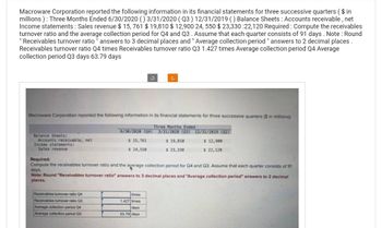 Macroware Corporation reported the following information in its financial statements for three successive quarters ($ in
millions): Three Months Ended 6/30/2020 () 3/31/2020 (Q3) 12/31/2019 () Balance Sheets: Accounts receivable, net
Income statements : Sales revenue $15, 761 $ 19,810 $ 12,900 24, 550 $ 23,330:22,120 Required: Compute the receivables
turnover ratio and the average collection period for Q4 and Q3. Assume that each quarter consists of 91 days. Note: Round
"Receivables turnover ratio " answers to 3 decimal places and " Average collection period" answers to 2 decimal places.
Receivables turnover ratio Q4 times Receivables turnover ratio Q3 1.427 times Average collection period Q4 Average
collection period Q3 days 63.79 days
Balance Sheets:
Accounts receivable, net
Income statements:
Sales revenue
Macroware Corporation reported the following information in its financial statements for three successive quarters ($ in millions):
Three Months Ended
3/31/2020 (03) 12/31/2019 (02)
$ 19,810
$ 12,900
$ 23,330
$ 22,120
Ű
Receivables tumover ratio 04
Receivables tumover ratio 03
Average collection period Q4
Average collection period 03
6/30/2020 (04)
$ 15,761
$ 24,550
C
Required:
Compute the receivables turnover ratio and the average collection period for Q4 and Q3. Assume that each quarter consists of 91
days.
Note: Round "Receivables turnover ratio" answers to 3 decimal places and "Average collection period" answers to 2 decimal
places.
times
1.427 times
days
63.79 days