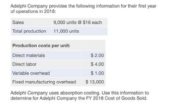 Adelphi Company provides the following information for their first year
of operations in 2018:
Sales
9,000 units @ $16 each
Total production
11,000 units
Production costs per unit:
Direct materials
Direct labor
Variable overhead
Fixed manufacturing overhead
$ 2.00
$ 4.00
$ 1.00
$13,000
Adelphi Company uses absorption costing. Use this information to
determine for Adelphi Company the FY 2018 Cost of Goods Sold.