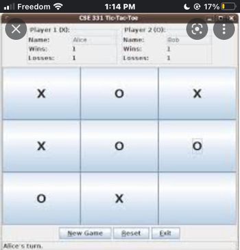 Freedom
X Player 1 DX:
Name:
Losses:
X
X
O
Alice's turn.
1
1:14 PM
CSE 331 Tic-Tac-Toe
New Game
Player 2 (0)
Name:
Wins:
Losses:
O
O
X
Beset
Gab
1
Exit
O
X
O
17% 0
●●●.