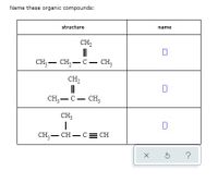 Name these organic compounds:
structure
name
CH2
CH, — сн, — с — сн,
CH,
CH — С — сн,
CH3
CH;- CH – C= CH
