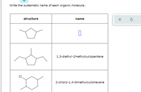 Write the systematic name of each organic molecule:
structure
name
1,3-diethyl-2methylcyclopentane
CI,
2-chloro-1,4-dimethylcyclohexane
