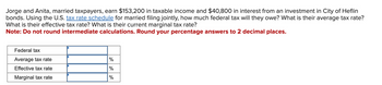 Jorge and Anita, married taxpayers, earn $153,200 in taxable income and $40,800 in interest from an investment in City of Heflin
bonds. Using the U.S. tax rate schedule for married filing jointly, how much federal tax will they owe? What is their average tax rate?
What is their effective tax rate? What is their current marginal tax rate?
Note: Do not round intermediate calculations. Round your percentage answers to 2 decimal places.
Federal tax
Average tax rate
Effective tax rate
Marginal tax rate
%
%
%