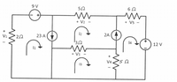 **Circuit Diagram Explanation**

This image is a circuit diagram illustrating several components connected together, including voltage sources, resistors, and current sources.

1. **Voltage Sources**:
   - There are two voltage sources:
     - A 9V source on the left.
     - A 12V source on the right.

2. **Resistors**:
   - The circuit includes four resistors with the following resistances:
     - \(2 \, \Omega\) connected in series with the 9V source.
     - \(5 \, \Omega\) connected between nodes, creating a branch.
     - \(3 \, \Omega\) in the middle horizontal branch.
     - \(6 \, \Omega\) in series with \(5 \, \Omega\) resistor on the right.
     - \(5 \, \Omega\) resistor connected vertically below the \(2 \, A\) current source.

3. **Current Sources**:
   - There are two current sources:
     - A \(23 \, A\) source flowing from the top left, through the \(2 \, \Omega\) resistor.
     - A \(2 \, A\) current source pointing downwards on the right.

4. **Voltage Across Resistors**:
   - \(V_1\) across the \(2 \, \Omega\) resistor.
   - \(V_2\) across the \(5 \, \Omega\) resistor at the top.
   - \(V_3\) across the \(3 \, \Omega\) resistor.
   - \(V_4\) across the \(5 \, \Omega\) resistor at the bottom.
   - \(V_5\) across the \(6 \, \Omega\) resistor.

5. **Currents in the Branches**:
   - \(I_1\), \(I_2\), \(I_3\), and \(I_4\) are the branch currents indicated by arrows in the diagram, showing the direction of flow.
   
This diagram represents a complex circuit with multiple pathways and interactions between components, providing a useful example for studying circuit analysis techniques.