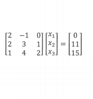 The image presents a system of linear equations in matrix form. The equation is structured as follows:

\[
\begin{bmatrix}
2 & -1 & 0 \\
2 & 3 & 1 \\
1 & 4 & 2 \\
\end{bmatrix}
\begin{bmatrix}
x_1 \\
x_2 \\
x_3 \\
\end{bmatrix}
=
\begin{bmatrix}
0 \\
11 \\
15 \\
\end{bmatrix}
\]

### Explanation:
- The leftmost matrix is a \(3 \times 3\) coefficient matrix. Each row corresponds to the coefficients of a linear equation.
- The middle matrix is a column matrix consisting of variables \(x_1\), \(x_2\), and \(x_3\).
- The rightmost matrix is a \(3 \times 1\) matrix representing the constants on the right-hand side of the equations.

This matrix equation can be expanded into the following system of linear equations:
1. \(2x_1 - x_2 = 0\)
2. \(2x_1 + 3x_2 + x_3 = 11\)
3. \(x_1 + 4x_2 + 2x_3 = 15\)

This representation is useful for solving systems of equations using various methods such as substitution, elimination, or matrix techniques like Gaussian elimination or matrix inversion.