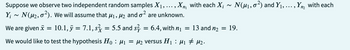 Suppose we observe two independent random samples X₁, ..., Xn, with each X¡
Y₁ N(μ2, 0²). We will assume that μ₁, μ2 and ² are unknown.
2
We are given x = 10.1, y = 7.1, s
We would like to test the hypothesis Ho: M₁ = μ₂ versus H₁ μ₁ # M₂.
N(μ₁,0²) and Y₁, ..., Yn with each
=
: 5.5 and s} = 6.4, with n₁ = 13 and n₂ = 19.