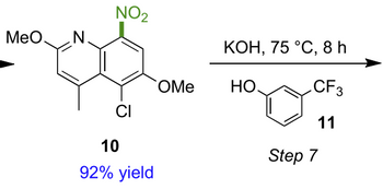 MeO N
NO₂
CI
10
92% yield
OMe
KOH, 75 °C, 8 h
НО.
CF3
11
Step 7