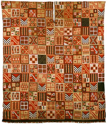 This image showcases a traditional textile composed of a meticulously ordered arrangement of square patterns. The textile features a diverse array of motifs including geometric shapes, stylized figures, and intricate line work. Dominant colors include shades of red, orange, tan, and black, which create a vibrant and cohesive aesthetic.

### Detailed Analysis of Patterns:

- **Geometric Shapes**: Many squares feature repeated geometric patterns such as triangles, diamonds, and squares, often outlined boldly to highlight the shapes.
  
- **Stylized Figures**: Some segments show stylized antropomorphic or zoomorphic motifs, with designs that might suggest cultural or symbolic meanings.

- **Checkerboard Patterns**: Several squares contain alternating colored squares arranged in a grid, reminiscent of a checkerboard.

- **Spiral and Line Patterns**: Spirals and linear motifs appear frequently, adding a sense of movement and fluidity to the design.

- **Symmetry and Repetition**: There is a clear use of symmetry and repetition across the different squares, indicating a deliberate design choice to create balance and harmony.

Overall, the textile exemplifies traditional craftsmanship, displaying both artistic skill and cultural significance. It serves as an educational piece that can offer insights into historical textile practices and the cultural meanings embedded within these intricate designs.