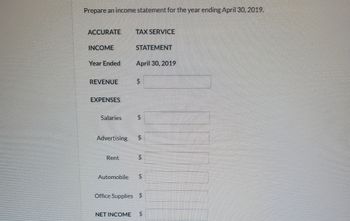 Prepare an income statement for the year ending April 30, 2019.
ACCURATE
INCOME
Year Ended
REVENUE
EXPENSES
Salaries
TAX SERVICE
Rent
STATEMENT
April 30, 2019
$
5.
Advertising $
$
Automobile $
Office Supplies $
NET INCOME $