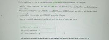 Sure! Here is the transcribed text that can be used for an educational website:

---

### Investment Options Analysis for Charlie

Charlie has $12,000 to invest for a period of 5 years. The following three alternatives are available to him:

1. **Account 1** pays 4.00% for year 1, 5.00% for year 2, 8.00% for year 3, 9.00% for year 4, and 12.00% for year 5, all with annual compounding.
2. **Account 2** pays 12.00% for year 1, 9.00% for year 2, 8.00% for year 3, 5.00% for year 4, and 4.00% for year 5, all with annual compounding.
3. **Account 3** pays interest at the rate of 7.56183% per year for all 5 years.

**Based on the available balance at the end of year 5, which alternative is Charlie's best choice?**

- **Year 5 Balance, Alternative 1:** $____________
- **Year 5 Balance, Alternative 2:** $____________
- **Year 5 Balance, Alternative 3:** $____________

Carry all interim calculations to 5 decimal places and then round your final answer to the nearest dollar. The tolerance is ±5.

---

This detailed breakdown allows for an educational exploration of the compound interest principles and enables learners to evaluate the best investment option based on future expected balances. The problem requires applying compound interest formulas and comparing the results of three different investment strategy alternatives.

