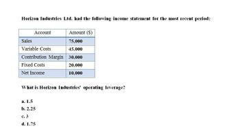 Horizon Industries Ltd. had the following income statement for the most recent period:
Account
Sales
Variable Costs
Amount ($)
75,000
45,000
Contribution Margin 30,000
Fixed Costs
Net Income
20,000
10,000
What is Horizon Industries' operating leverage?
a. 1.5
b. 2.25
c. 3
d. 1.75