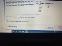 Identify the lower class limits, upper class limits, class
width, class midpoints, and class boundaries for the
given frequency distribution. Also identify the number of
individuals included in the summary.
Age (yr) when
award was won Frequency
5-9
28
10-14
34
15-19
12
20-24
2
25-29
30-34
6.
This cou
Terms of
Identify the number of individuals included in the summary.
(Type an integer or a decimal. Do not round.)
Get more help -
Clear all
Chec
O Ecd
33°F Clear
