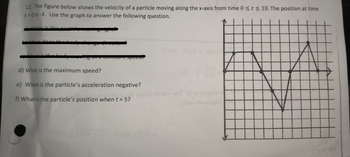 12. The figure below shows the velocity of a particle moving along the x-axis from time 0 ≤ t ≤ 10. The position at time
t=0 is-3. Use the graph to answer the following question.
peca
d) What is the maximum speed?
e) When is the particle's acceleration negative?
f) What is the particle's position when t = 5?