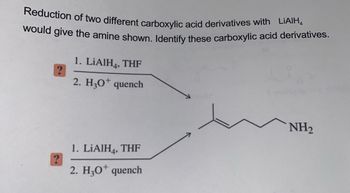 Reduction of two different carboxylic acid derivatives with LIAIH
I would give the amine shown. Identify these carboxylic acid derivatives.
1. LiAlH4, THF
2. H₂O* quench
1. LIAIH4, THF
2. H₂O quench
NH₂