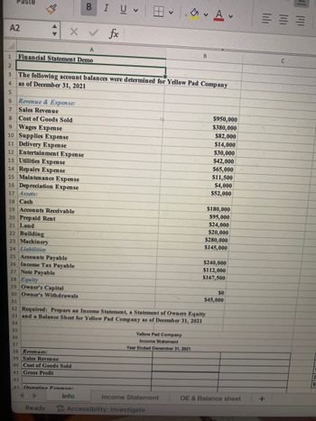 Paste
A2
P
-xv fx
Revenue & Expense:
Sales Revenue
Cost of Goods Sold
A
1 Financial Statement Demo
2
3 The following account balances were determined for Yellow Pad Company
as of December 31, 2021
4
5
6
7
8
9 Wages Expense
10 Supplies Expense
11 Delivery Expense
12 Entertainment Expense
13 Utilities Expense
14 Repairs Expense
15 Maintenance Expense
16 Depreciation Expense
17 Assets:
BIUV
18 Cash
19 Accounts Receivable
20 Prepaid Rent
21 Land
22 Building
23 Machinery
24 Liabilities
Ready
1. Av
Yellow Pad Company
Income Statement
Year Ended December 31, 2021
Income Statement
25 Accounts Payable
26 Income Tax Payable
27 Note Payable
28 Equity
29 Owner's Capital
30 Owner's Withdrawals
31
32 Required: Prepare an Income Statement, a Statement of Owners Equity
and a Balance Sheet for Yellow Pad Company as of December 31, 2021
33
34
35
36
37
38 Revenues:
39 Sales Revenue
40 Cost of Goods Sold
41 Gross Profit
42
43 Onerating Exnenses:
A
Info
Accessibility: Investigate
B
$950,000
$380,000
$82,000
$14,000
$30,000
$42,000
$65,000
$11,500
$4,000
$52,000
$180,000
$95,000
$24,000
$20,000
$280,000
$145,000
$240,000
$112,000
$167,500
$0
$45,000
OE & Balance sheet
三三三
+
C
I
E