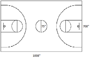 This diagram represents the layout of a basketball court with specific dimensions noted in inches.

### Court Dimensions:
- **Length:** The full length of the court is noted as 1008 inches.
- **Width:** The width of the court is noted as 708 inches.

### Key Features:
- **Center Circle:** The center circle has a diameter of 75 inches. This circle is located in the middle of the court and is typically where the game starts with a jump ball.
  
- **Three-Point Lines and Key Areas:**
  - Each side of the court features a key, also known as the "paint" or "lane," which includes the free-throw circle.
  - The free-throw line is part of the key area and typically situated at its top, further integrated into the strategy of scoring within the game.
  - The dashed semicircles outside each key likely represent the three-point arc, indicating the boundary for shots worth three points if made from beyond this line.

### Additional Court Markings:
- **Baskets:** Marked with circles near the shorter sides of the court, representing where the hoops are positioned. Scoring can happen inside or outside these key areas depending on the court's layout and gameplay strategies.

This diagram provides a detailed representation of a standard basketball court, useful for understanding the court's dimensions and various essential areas for both playing and analyzing the game.