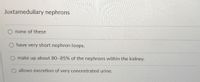 Juxtamedullary nephrons
none of these
have very short nephron loops.
make up about 80-85% of the nephrons within the kidney.
O allows excretion of very concentrated urine.
