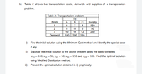 b) Table 2 shows the transportation costs, demands and supplies of a transportation
problem.
Table 2: Transportation problem
To
From
A
B
C
Supply
1
7
4
150
8
11
50
3
250
10
11
12
Demand
100 200
150
i) Find the initial solution using the Minimum Cost method and identify the special case
if any.
ii) Suppose the initial solution to the above problem takes the basic variables
x11 = 100, x12 = 50, X23 = 50, x32 = 150 and x33 = 100. Find the optimal solution
using Modified Distribution method.
iii) Present the optimal solution obtained in ii) graphically.
