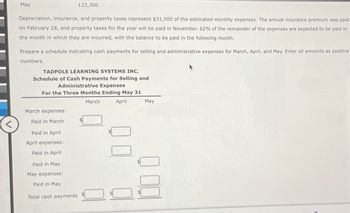 May
122,300
Depreciation, insurance, and property taxes represent $31,000 of the estimated monthly expenses. The annual insurance premium was paid
on February 28, and property taxes for the year will be paid in November. 62% of the remainder of the expenses are expected to be paid in
the month in which they are incurred, with the balance to be paid in the following month.
Prepare a schedule indicating cash payments for selling and administrative expenses for March, April, and May. Enter all amounts as positive
numbers.
TADPOLE LEARNING SYSTEMS INC.
Schedule of Cash Payments for Selling and
Administrative Expenses
For the Three Months Ending May 31
March expenses:
Paid in March
March
Paid in April
April expenses:
Paid in April
Paid in May
May expenses:
Paid in May
Total cash payments
April
☐ ☐
May