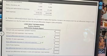 Power and maintenance
4,400
7,500
Taxes, insurance, etc.
1,600
5,200
Selling and administrative expenses
47,100
47,100
Total expenses
$168,000
$143,300
a. Prepare a differential analysis report for the proposal to replace the machine. Include in the analysis both the net differential change in costs
anticipated over the five years and the net annual differential change in costs anticipated.
LONE WOLF TECHNOLOGIES
Replace Machine
Differential Analysis Report
Annual costs and expenses-present machine
Annual costs and expenses-new machine
Annual differential decrease in costs and expenses
Number of years applicable
Total differential decrease in costs and expenses
Cost of new machine
Net differential decrease in costs and expenses, five-year total
Annual net differential decrease in costs and expenses-new machine
Feedback
reen Sha
0....18.28
jpe
1000_F_265
3_EDG5...PQ
peg