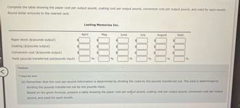 Complete the table showing the paper cost per output pound, coating cost per output pound, conversion cost per output pound, and yield for each month.
Round dollar amounts to the nearest cent.
Paper stock ($/pounds output)
Coating ($/pounds output)
Conversion cost ($/pounds output)
Yield (pounds transferred out/pounds input)
Feedback
June
July
$
$
ÅÅÅÅÅÅ
$
$
$
$
%
$
Lasting Memories Inc.
$
April
%
$
$
$
May
%
%
$
August
%
$
Sept.
%
Check My Work
(a) Remember that the cost-per-pound information is determined by dividing the costs by the pounds transferred out. The yield is determined by
dividing the pounds transferred out by the pounds input.
Based on the given formula, prepare a table showing the paper cost per output pound, coating cost per output pound, conversion cost per output
pound, and yield for each month.