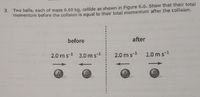 3. Two balls, each of mass 0.50 kg, collide as shown in Figure 6.6. Show that their total
momentum before the collision is equal to their total momentum after the collision.
before
after
2.0 ms-1 3.0 ms-1
2.0 m s-1
1.0 ms-1
