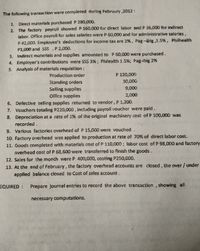The following transaction were completed during February ,2012:
1. Direct materials purchased P 280,000.
2. The factory payroll showed P 160,000 for direct labor and P 36,000 for indirect
labor. Office payroll for sales salaries were P 60,000 and for administrative salaries,
P 42,000. Emplioyee's deductions for income tax are 2%, Pag -ibig ,1.5%,
P1,000 and SSS ,P2,000.
3. Indirect materiais and supplies amounted to P 60,000 were purchased.
4. Employer's contributions were SSS 3% ; Philealth 1.5%; Pag-ibig 2%
5. Analysis of materials requisition:
Philhealth
Production order
P 120,000
Standing orders
30,000
9,000
Selling supplies
Office supplies
2,000
6. Defective selling supplies returned to vendor, P 1,200.
7. Vouchers totaling P220,000, including payroll voucher were paid.
8. Depreciation at a rate of 1% of the original machinery cost of P 100,000 was
recorded.
9. Various factories overhead of P 15,000 were vouched.
10. Factory overhead was applied to production at rate of 70% of direct labor cost.
11. Goods completed with materials cost of P 110,000; labor cost of P 98,000 and factory
overhead cost of P 68,600 were transferred to finish the goods.
12. Sales for the month were P 400,000, costing P250,000.
13. At the end of February, the factory overhead accounts are closed, the over/ under
applied balance closed to Cost of sales account.
EQUIRED Prepare journal entries to record the above transaction , showing all
necessary computations.
