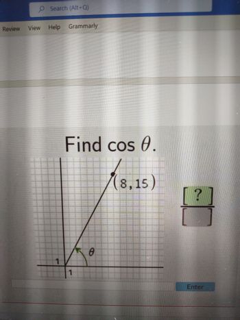 Review View
Search (Alt+Q)
Help Grammarly
Find cos 0.
(8,15)
0
2
Enter